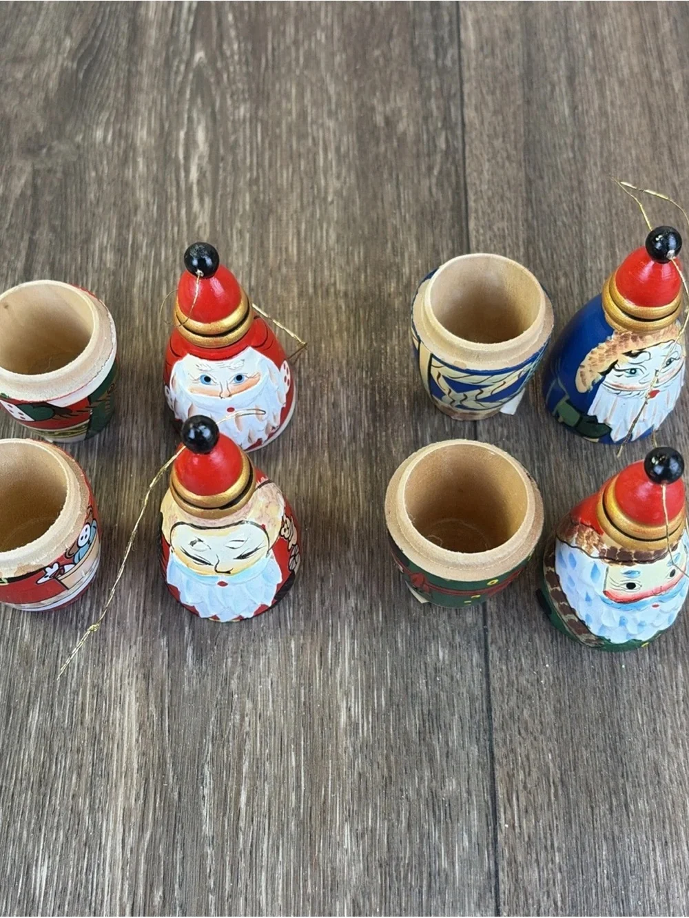 Set of 4 Vintage Wooden Painted Santa Surprise Nesting Doll Ornaments